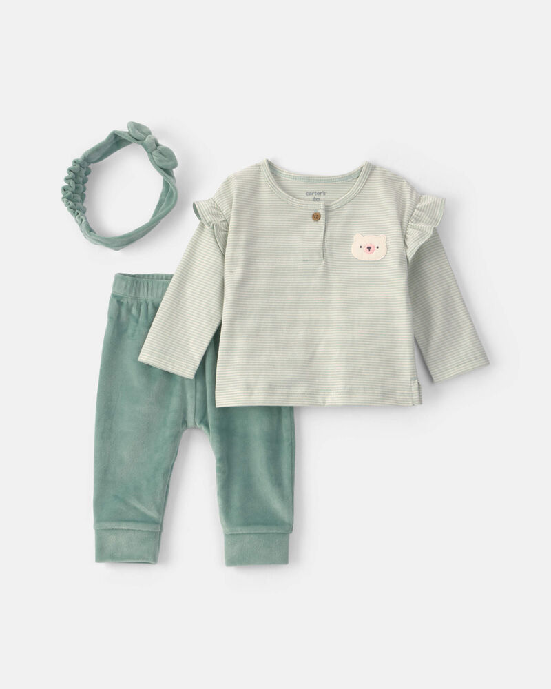 B&eacute;b&eacute; fille - Ensemble 3 pi&egrave;ces haut manches longues &agrave; motif ours et pantalon &ndash; Vert, image 1 sur 4 diapositives