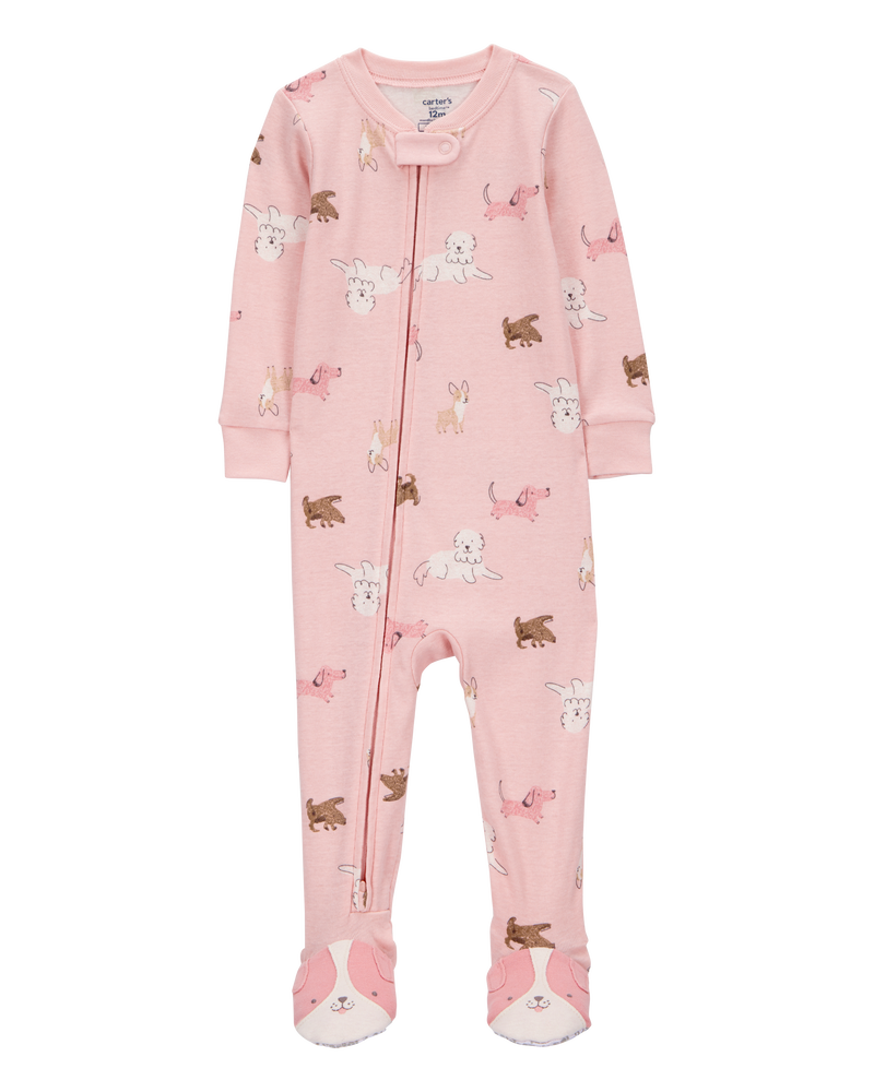 Tout-petit fille - Pyjama 1 pièce à pieds en coton ajusté à motifs de chiens, image 1 sur 4 diapositives
