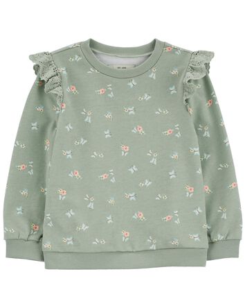 Floral Print Eyelet Ruffle Pullover, 