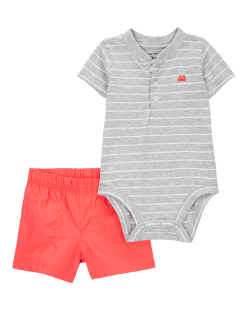 Baby 2-Piece Striped Bodysuit & Pull-On Short Set - Grey/Orange, 