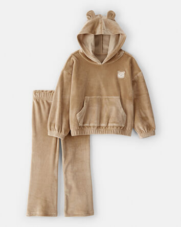 Toddler Girl Bear Velour Hoodie & Pant Set - Brown, 