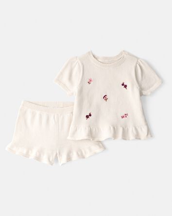 Baby Girl 2-Piece Floral Embroidered Short-Sleeve Top & Short Set - Cream, 