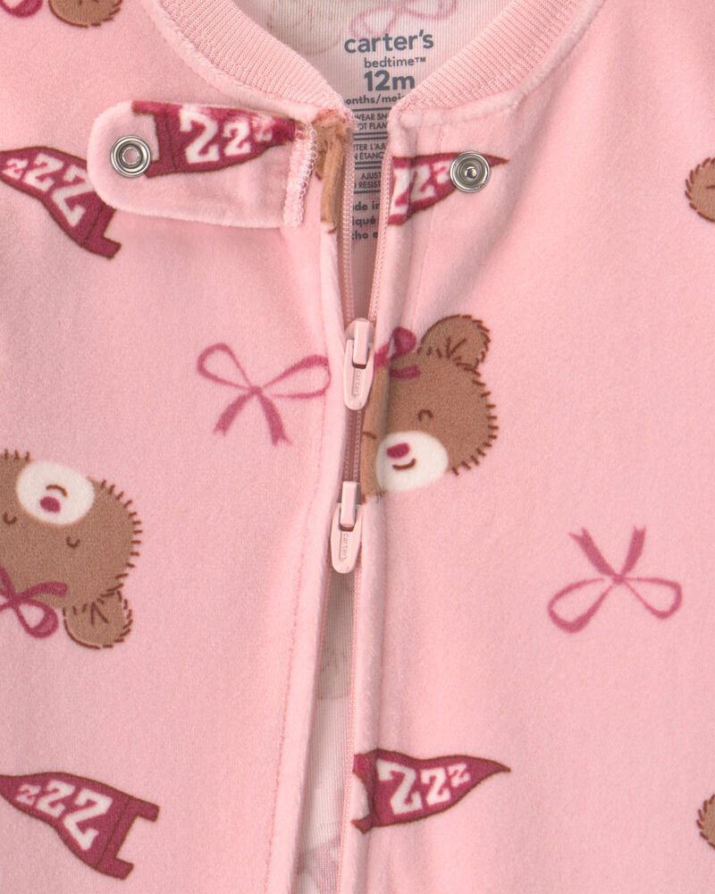 Baby Girl 1-Piece Bears & Bows 2-Way Zip DreamPlush Snug Fit Footed Pyjama - Pink, image 3 of 6 slides