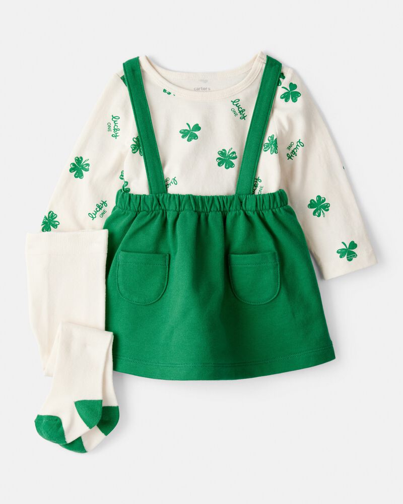 B&eacute;b&eacute; fille - Ensemble 3 pi&egrave;ces haut &agrave; mances longues et jupe &agrave; tr&egrave;fle irlandais de la Saint-Patrick - Vert, image 1 sur 5 diapositives