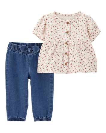 Baby 2-Piece Floral Button-Front Top & Pull-On Denim Pant Set, 