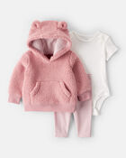 Baby Girl 3-Piece Bear Sherpa Long-Sleeve Bodysuit & Pant Set - Pink, image 1 of 5 slides