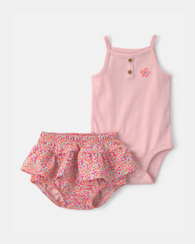 B&eacute;b&eacute; fille - Ensemble 2 pi&egrave;ces haut sans manches et short &agrave; fleurs - Rose, image 1 sur 3 diapositives