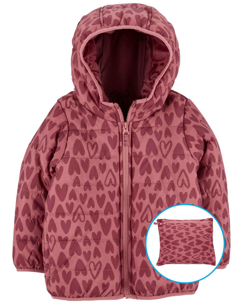Toddler Heart Print Packable Puffer Jacket, image 1 of 6 slides
