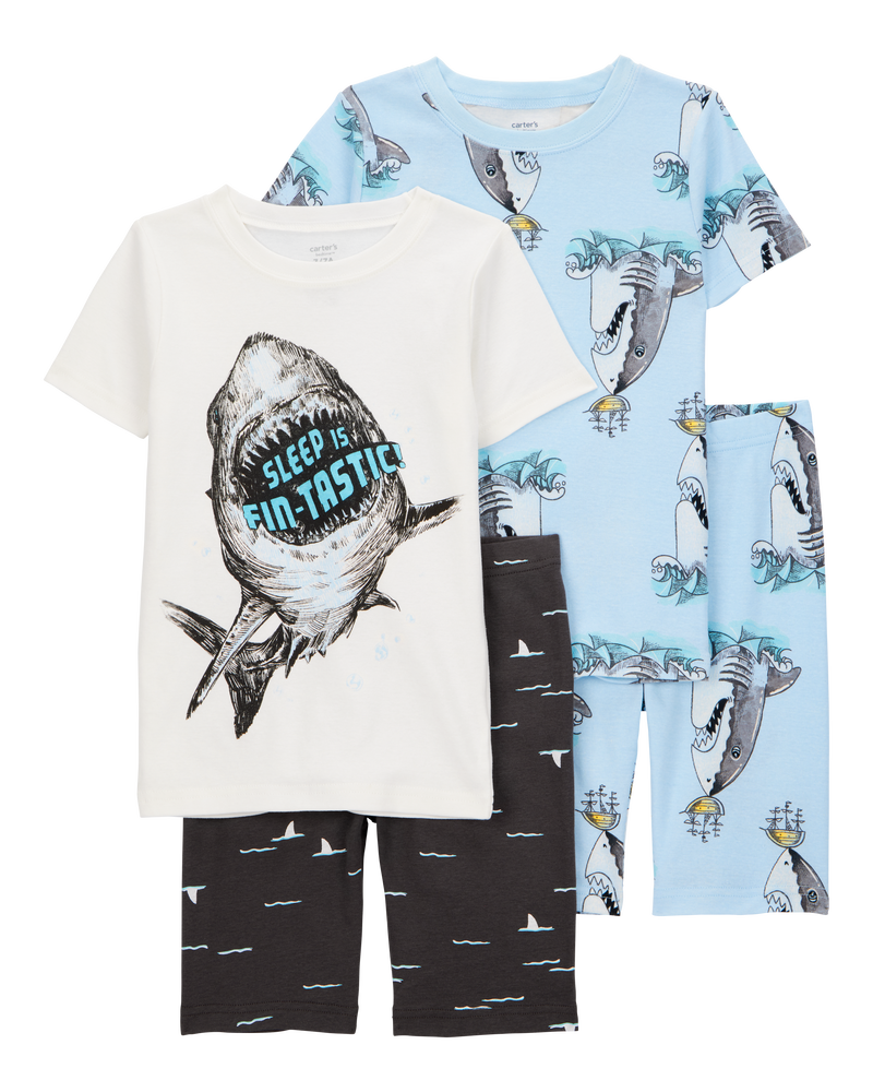 Kid Shark Print Snug Fit 4-Piece Pyjamas, image 1 of 4 slides