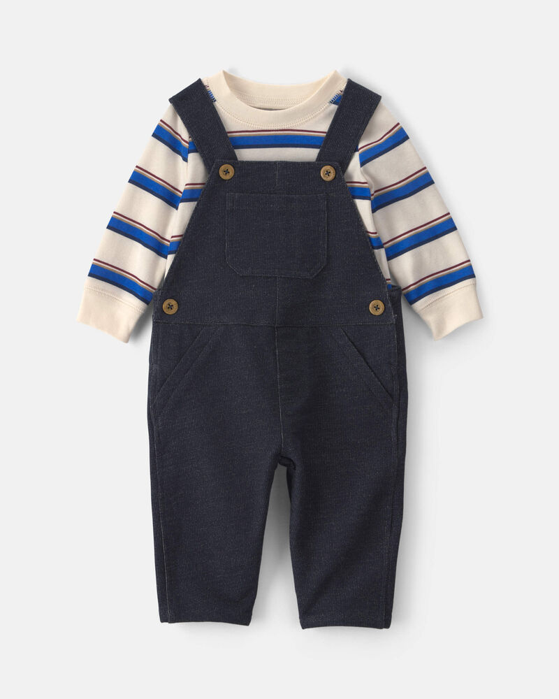 Baby Boy 2-Piece Striped French Terry Long-Sleeve Overall Set - Indigo/Cream, image 1 of 6 slides