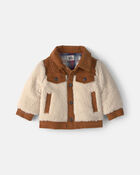 Baby Boy Color Block Teddy Fleece Jacket - Khaki/Cream, image 1 of 3 slides