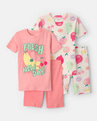 Girls Fruit 100% Cotton Short-Sleeve Snug Fit 4-Piece pyjama Set - Pink, image 1 of 5 slides