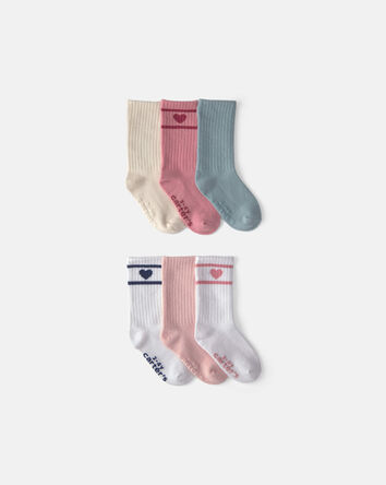 Toute-petit fille - Emballage 6 paires de chaussettes mi-mollet &agrave; c&oelig;urs et rayures de style universitaire, 