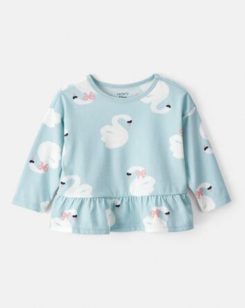 Baby Girl Swan Print Long-Sleeve Peplum Top - Blue, 
