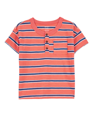 Baby Striped Cotton Blend Short-Sleeve Henley - Orange, 