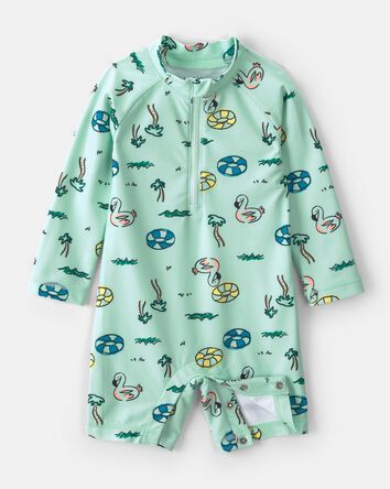 Baby Boy Vacation Long-Sleeve 1-Piece Rashguard Swimsuit - Green, 