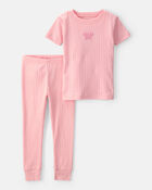 Toddler Girl Butterfly Rib Snug Fit 2-Piece Pyjama Set - Pink, image 1 of 5 slides