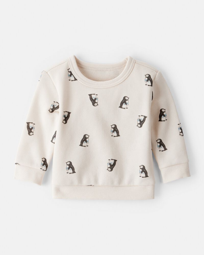 Baby Boy Penguin Print Fleece Sweatshirt - Cream, image 1 of 3 slides