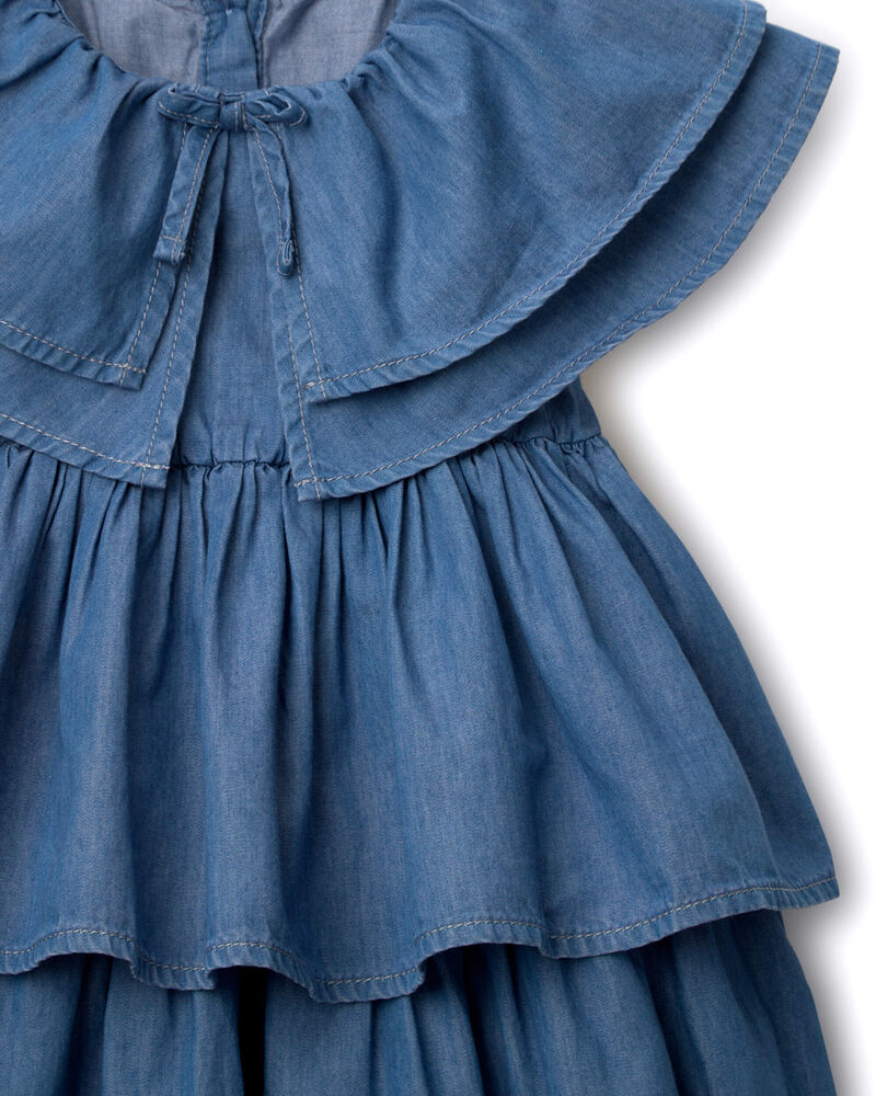 Toddler Girl Ruffle Tiered Dress in Chambray - Blue, image 5 of 6 slides