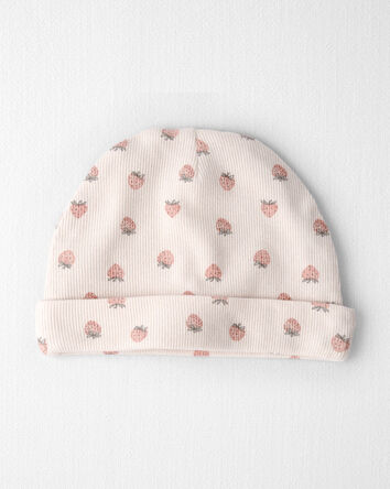 B&eacute;b&eacute; fille - Bonnet en coton biologique c&ocirc;tel&eacute;, fraise, 