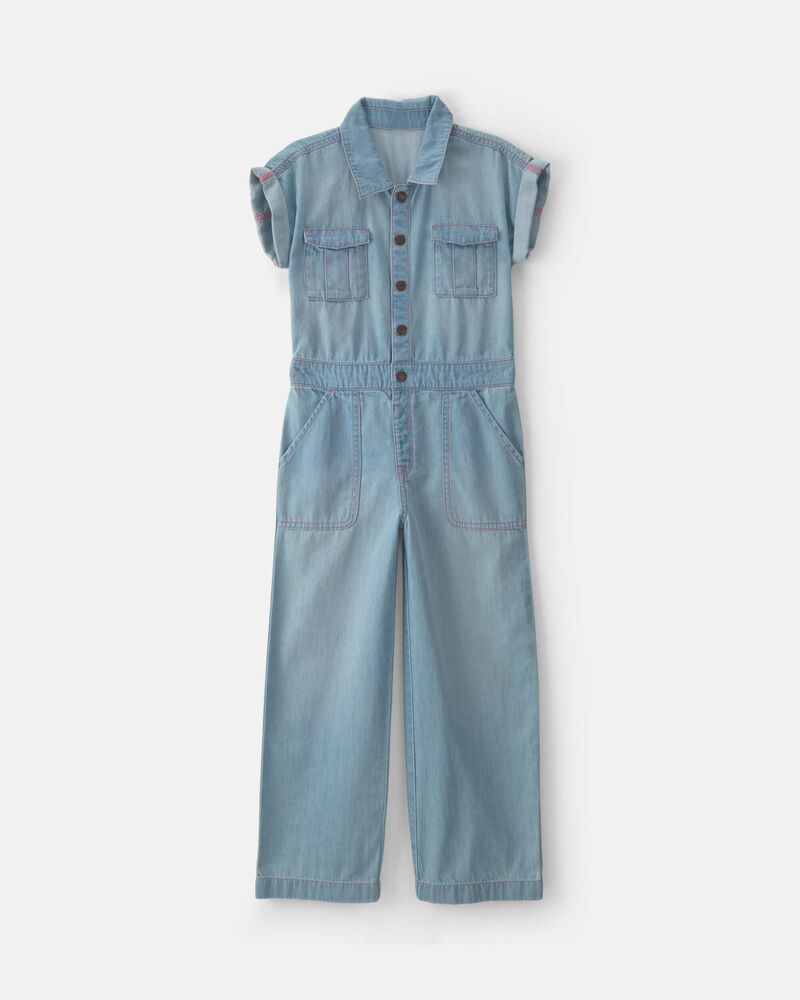 Girls Denim Short-Sleeve Jumpsuit - Light Wash, image 1 of 4 slides