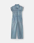 Girls Denim Short-Sleeve Jumpsuit - Light Wash, image 1 of 4 slides