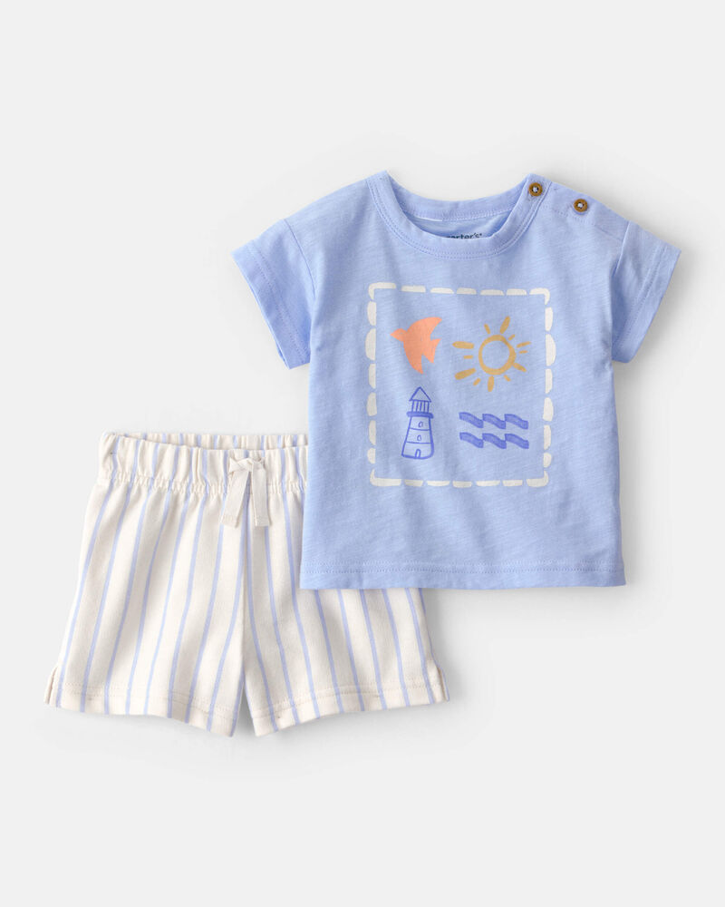 Baby 2-Piece Lighthouse Top & Short Set - Blue/Ivory, image 1 of 4 slides