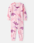 Baby Girl Dinosaur Print DreamPlush Snug Fit Long-Sleeve 2-Way Zip 1-Piece Pyjamas - Pink, image 1 of 4 slides