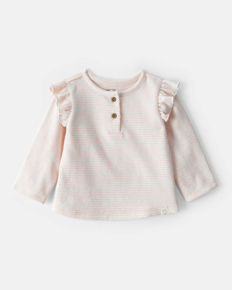 Baby Girl Striped Flutter-Sleeve Long-Sleeve Top - Pink/Cream, image 1 of 4 slides
