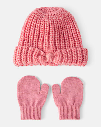 Tout-petit fille - Ensemble bonnet et mitaines d'hiver - Rose, 