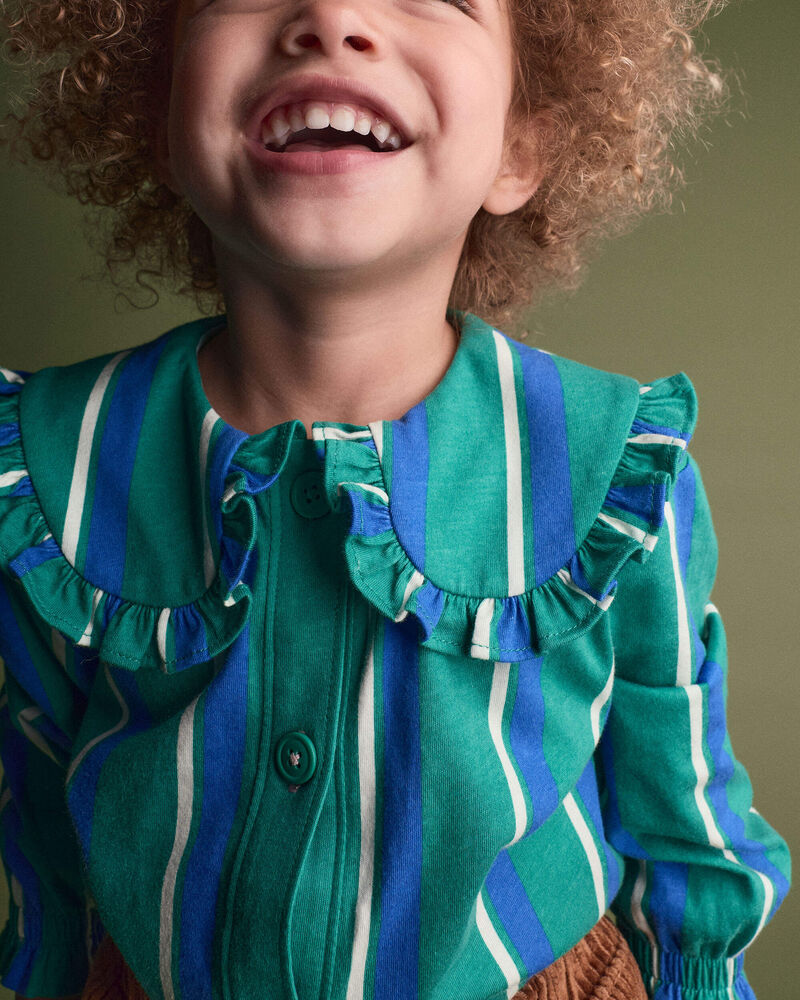 Toddler Girl Peter Pan Collar Top in Stripes - Green/Blue, image 4 of 6 slides