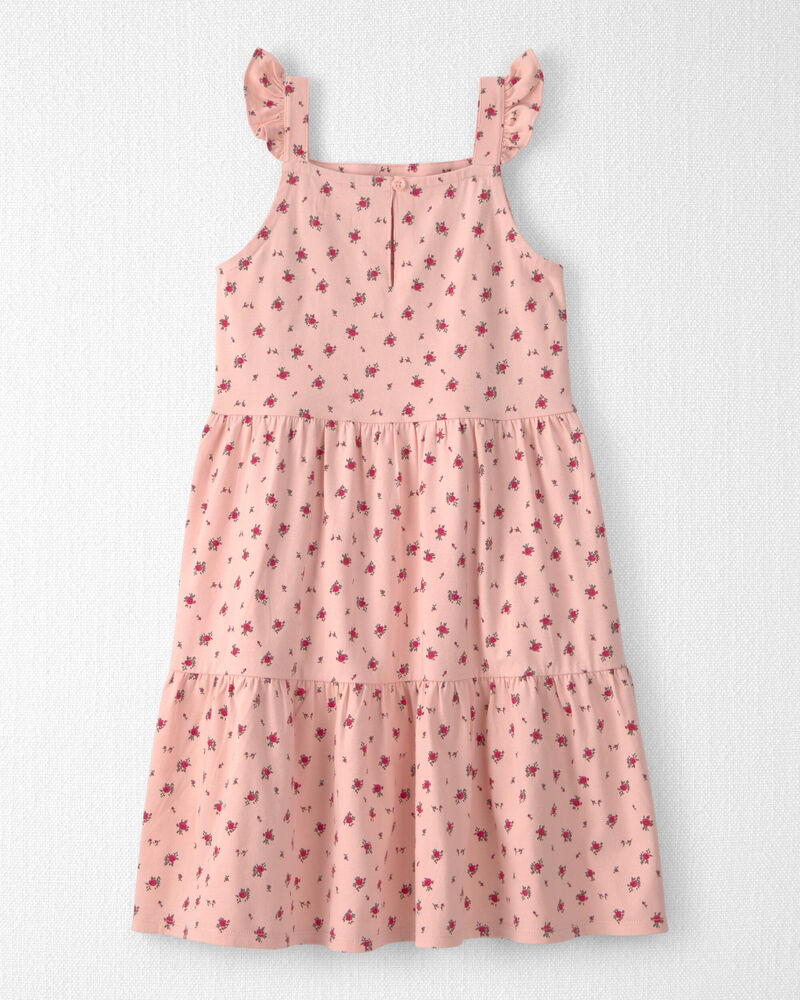 Girls Organic Cotton Tiered Dress in Blush Floral Print, image 2 of 5 slides