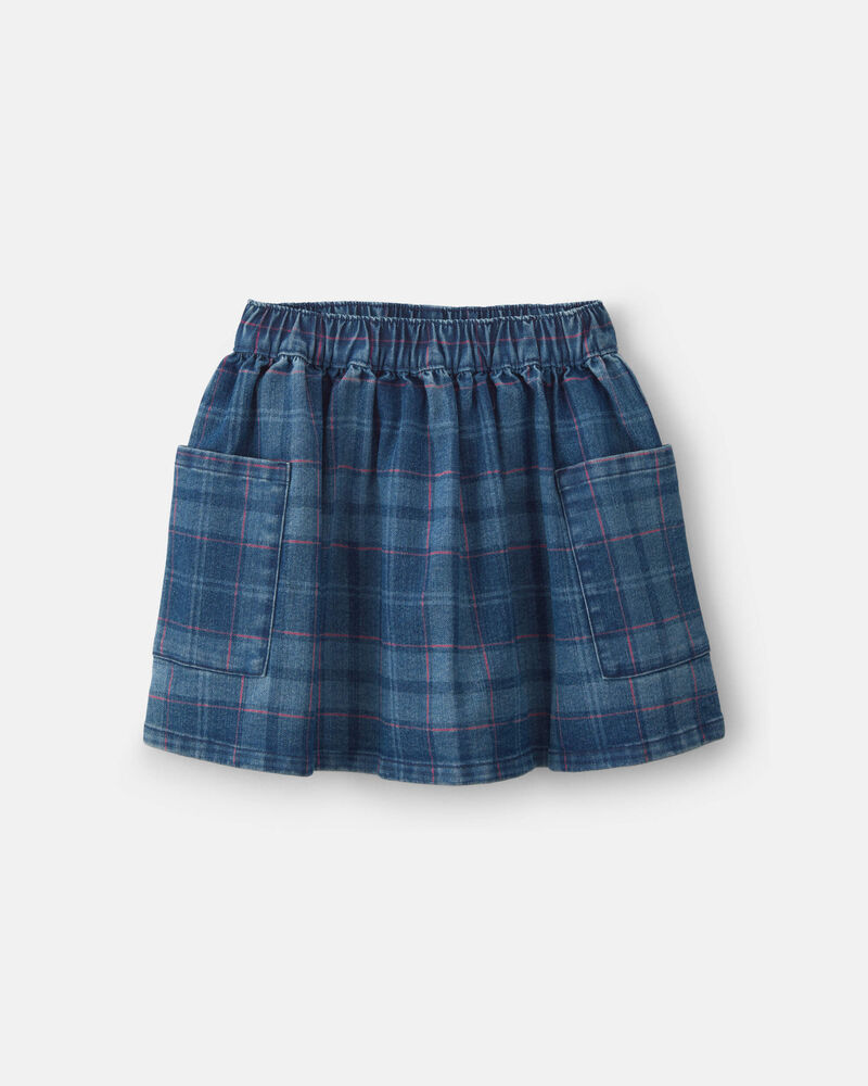 Girls Plaid Denim Skirt - Dark Wash, image 1 of 4 slides