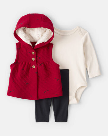 Baby Girl 3-Piece Bow Print Sleeveless Jacket, Bodysuit & Pant Set - Black/White/Red, 