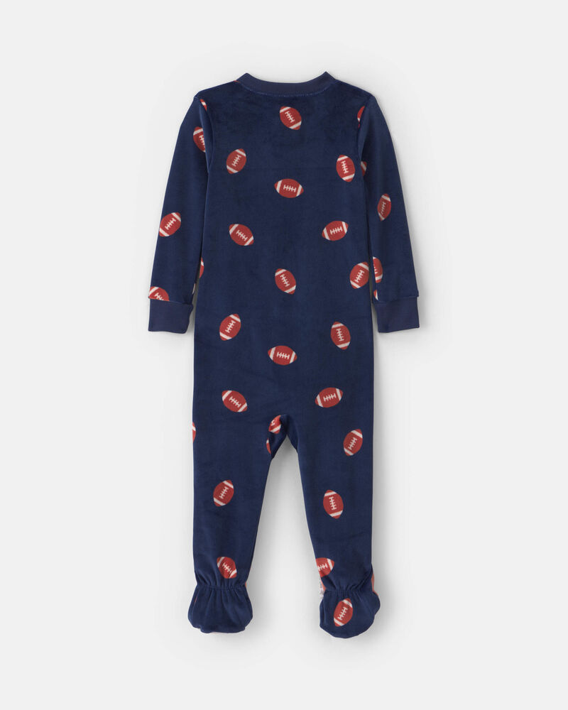 Baby Boy 1-Piece Football 2-Way Zip DreamPlush Snug Fit Footed Pyjama - Navy Blue, image 2 of 6 slides