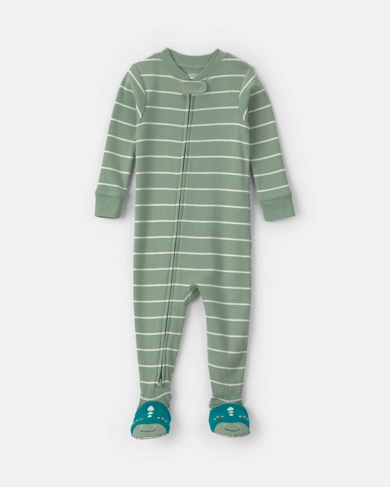 B&eacute;b&eacute; gar&ccedil;on - Pyjama ajust&eacute; 1 pi&egrave;ce en 100&nbsp;% coton &agrave; fermeture &agrave; glissi&egrave;re double sens et pieds &agrave; motif rayures et dinosaure &ndash; Vert, image 1 sur 5 diapositives
