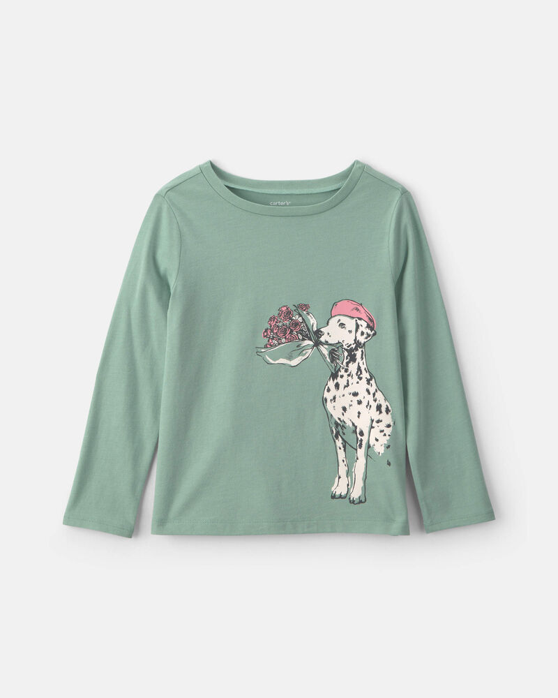 Girls Parisian Dog Long-Sleeve Graphic Tee - Green, image 1 of 3 slides