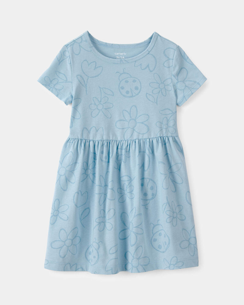 Tout-petit fille - Robe &agrave; manches courtes, fleurs et coccinelles - Bleu, image 1 sur 3 diapositives