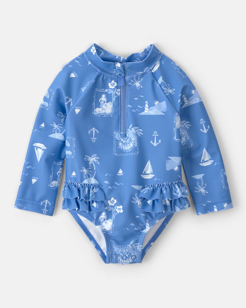 Baby Girl Sailboat Long-Sleeve 1-Piece Rashguard Swimsuit - Blue, image 1 of 5 slides