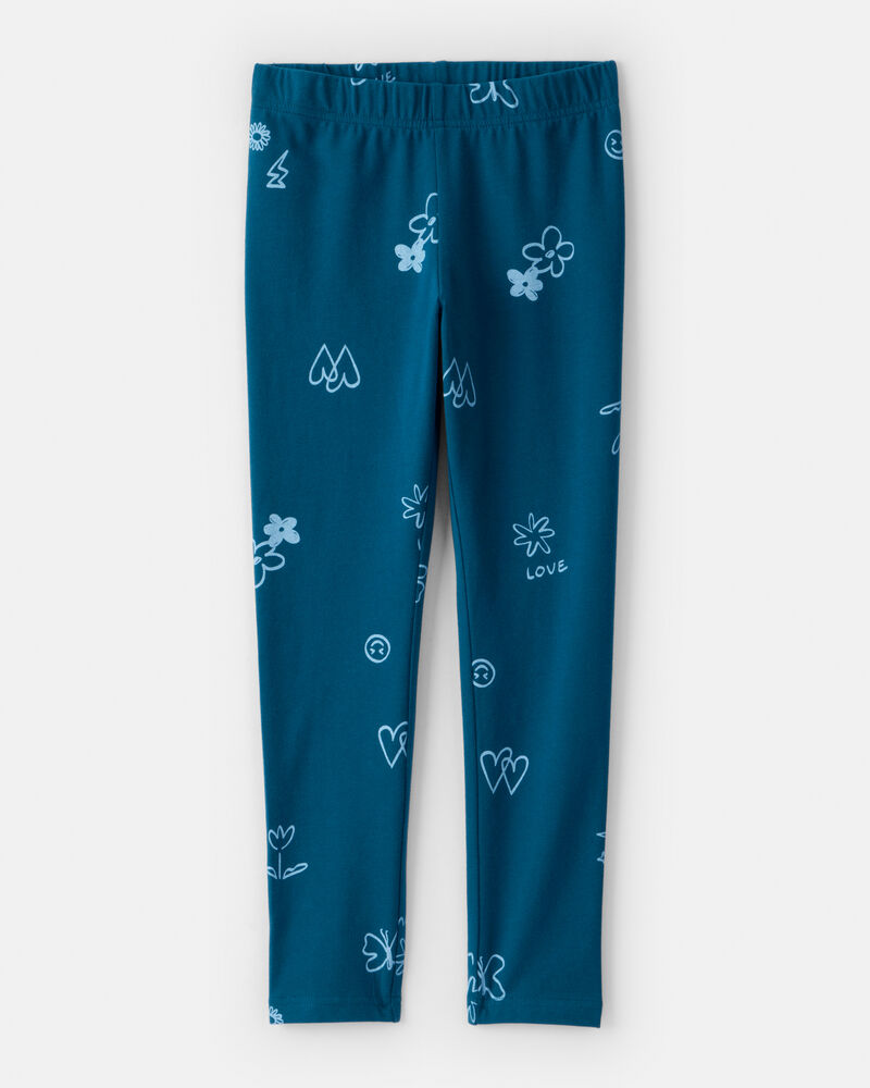 Girls Heart Floral Pull-On Stretch Leggings - Blue, image 1 of 4 slides
