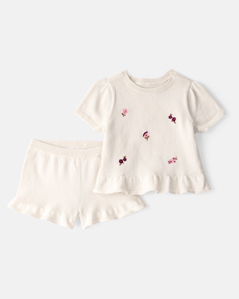 Baby Girl 2-Piece Floral Embroidered Short-Sleeve Top & Short Set - Cream, image 1 of 4 slides