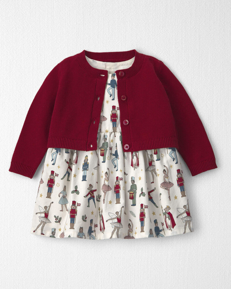 B&eacute;b&eacute; fille - Ensemble 2 pi&egrave;ces robe et cardigan de coton biologique &agrave; motif casse-noisette, image 1 sur 7 diapositives