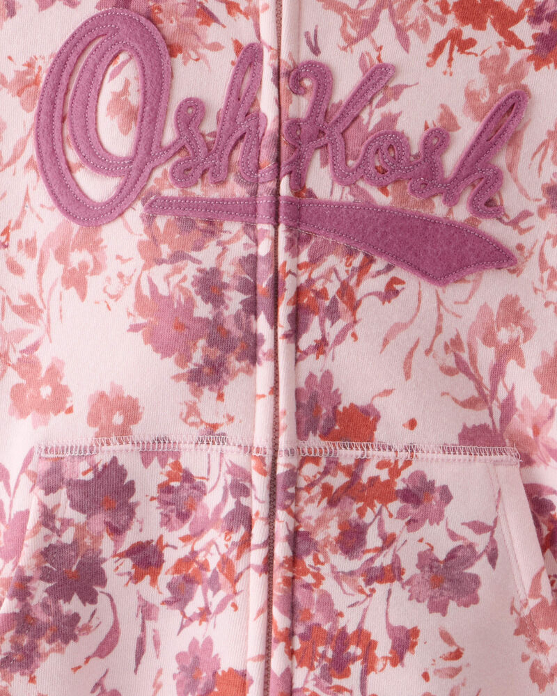 Girls Floral Print OshKosh Logo Zip Jacket - Pink, image 2 of 3 slides
