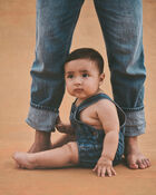 Baby Striped Denim Shortall - Dark Wash, image 5 of 9 slides