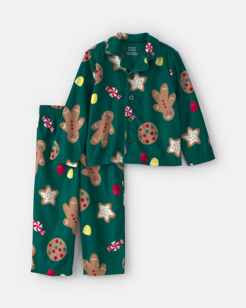 Toddler 2-Piece Christmas Gingerbread Fleece Loose Fit Pyjama Set - Green, image 1 of 4 slides