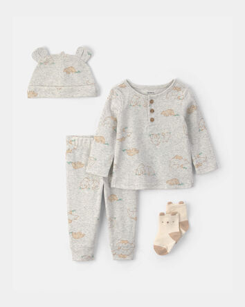 B&eacute;b&eacute; - Ensemble 4 pi&egrave;ces &agrave; superposer &agrave; manches longues et motif ourson &ndash; Gris, 