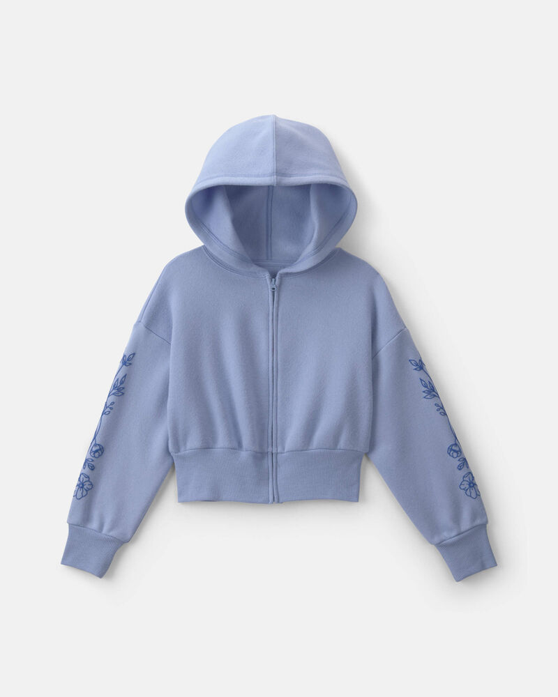 Girls Floral Fleece Zip-Up Hoodie - Blue, image 1 of 4 slides