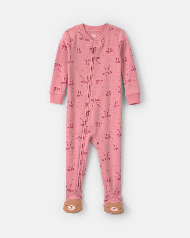 Toddler Girl 1-Piece Bows 100% Cotton Snug Fit Footed Pyjama - Pink, image 1 of 5 slides