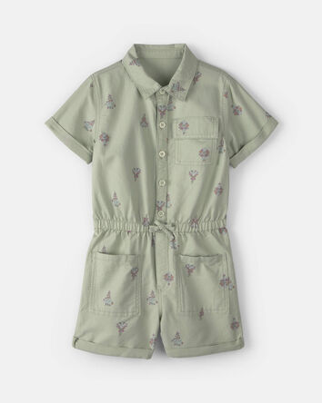 Girls Floral Cargo Romper - Green, 