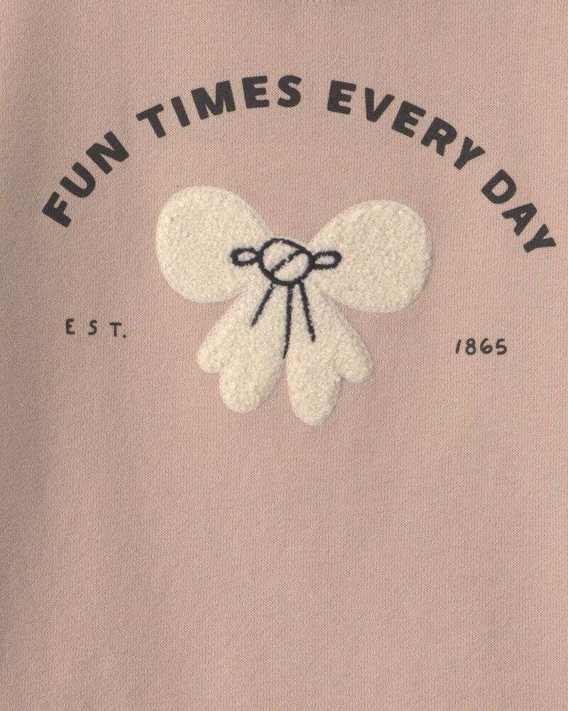 Girls Toddler Girl 'Fun Times Every Day' Bow French Terry Pullover Sweatshirt - Brown, image 2 of 3 slides